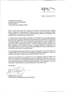 Carta del presidente de la Asociación de la Prensa de Sevilla, Rafael Rodríguez, al alcalde de Setenil