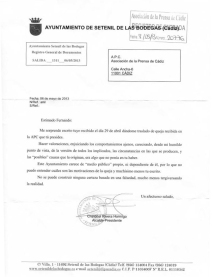 Carta de respuesta del alcalde de Setenil al presidente de la Asoacición de la Prensa de Cádiz.