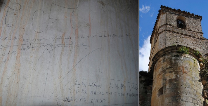 Un guardia de Arcos dejó estampada su firma en el campanario de la Iglesia de la Villa tras la toma militar de Setenil, en septiembre. Fotos: ANGEL MEDINA LAÍN.