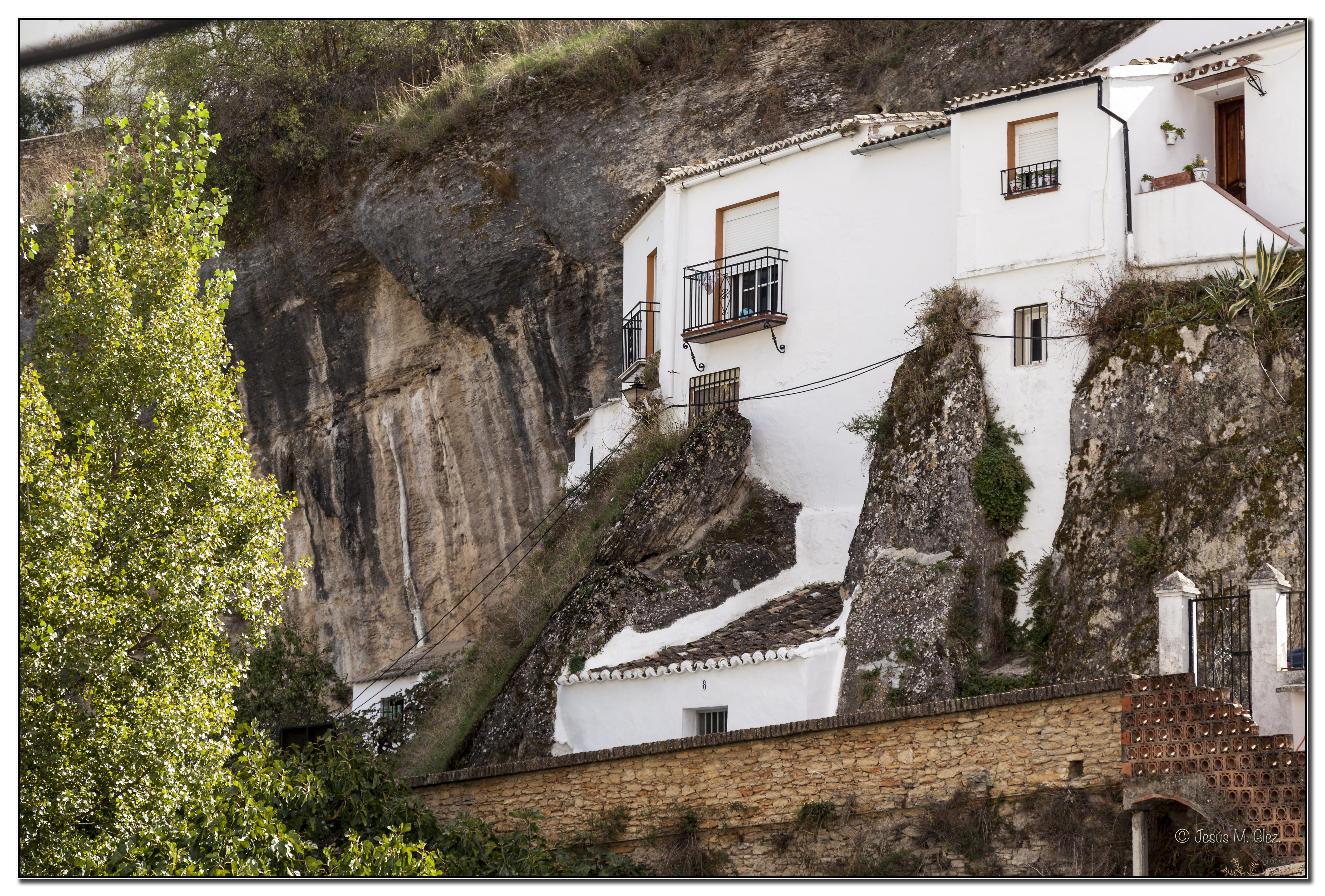 Alucinante fotografía, que nos muestra un detalle de la convivencia de las casas cueva con la naturaleza y la roca en Las Jabonerías. Por muy increíble que le resulte a nuestros viajeros, justo encima de estas casas está el mirador y la ermita del Carmen. La imagen la ha tomado una amable y asiduo visitante de Setenil. Foto: JESÚS M. GLEZ https://flic.kr/p/rsLVnp